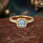 Princess Cut Aquamarine Engagement Ring Halo Half Eternity Pave Band